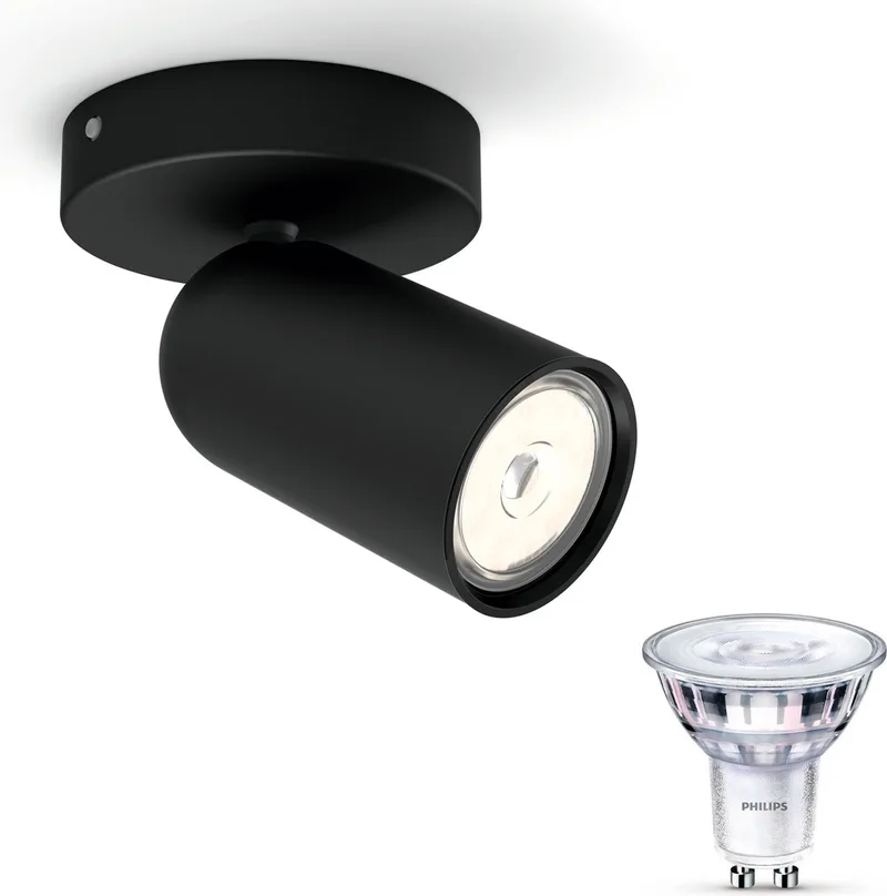 Pongee Opbouwspot - Warmwit Licht - Wandspot of Plafondspot met 1 Lichtpunt - GU10 - SceneSwitch - Eenvoudig Dimbaar met Je Klassieke Schakelaar de Philips en Noir – photo produit