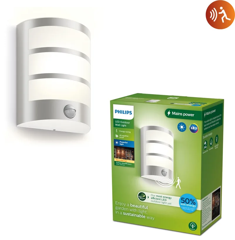 Python wandlamp - Ultra Efficient - RVS - met sensor - 3,8W fra Philips i Inox – produktbillede
