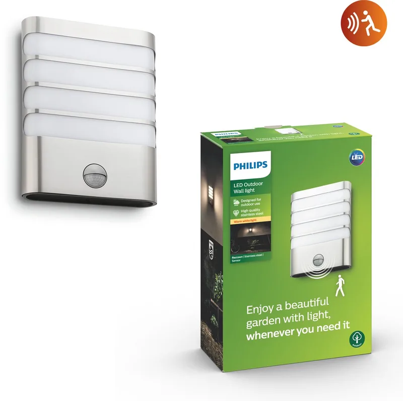 Raccoon buitenwandlamp - met sensor - 1-lichts - RVS de Philips en Stainless steel – photo produit
