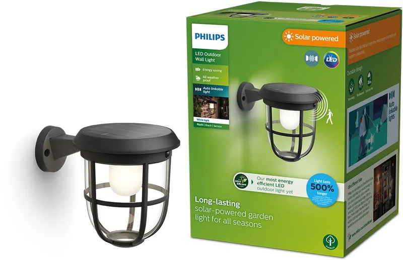 Radii solar wall lamp, ultra efficient, wirelessly connectable to other Radii products by Philips in Black – product photo