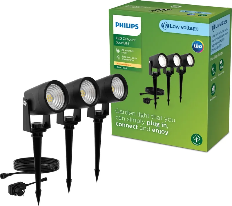 Reuel GardenLink - 3-pack - Sokkellamp met spies - 24V - Warm wit licht; 2700K - Tuinpadverlichting by Philips in Black – product photo