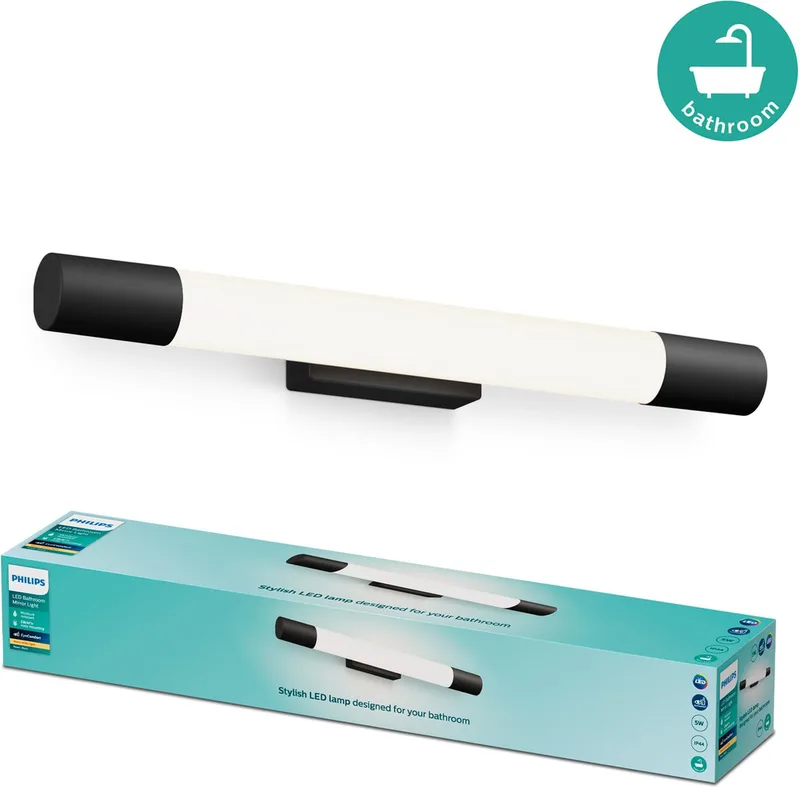 Rover Spiegelverlichting - Spatwaterdicht IP44 - 5W - Warmwit licht - Badkamerlamp - Cilindervormig van Philips in Zwart – productfoto