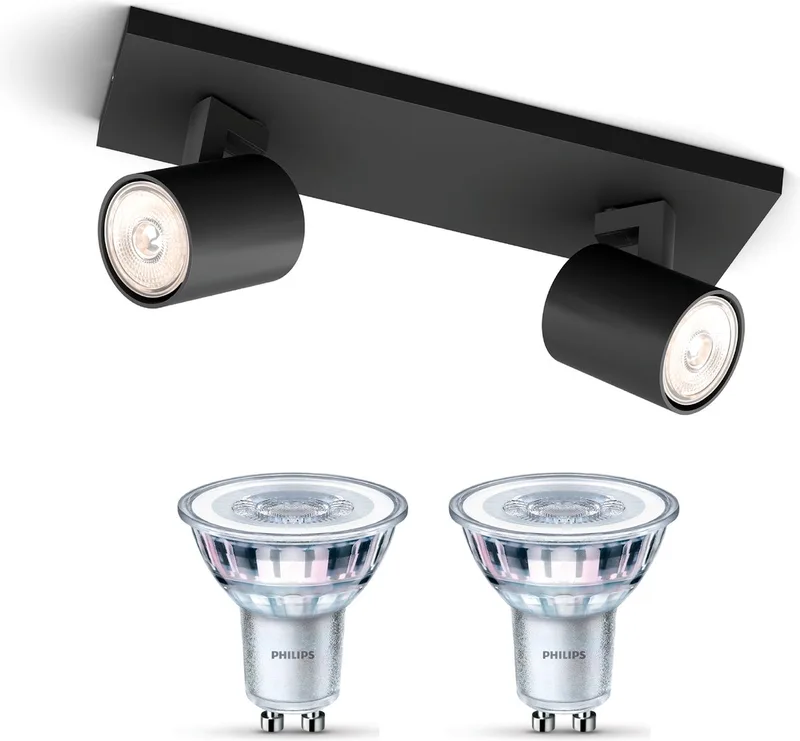Runner Opbouwspot - Warmwit Licht - Plafondspot met 2 Lichtpunten - GU10 - Niet Dimbaar de Philips en Noir – photo produit