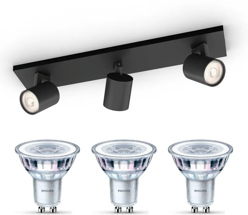 Runner Opbouwspot - Warmwit Licht - Plafondspot met 3 Lichtpunten - GU10 - Niet Dimbaar van Philips in Zwart – productfoto