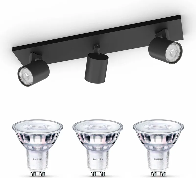 Runner Opbouwspot - Warmwit Licht - Plafondspot met 3 Lichtpunten - GU10 - SceneSwitch - Eenvoudig Dimbaar met Je Klassieke Schakelaar van Philips in Zwart – productfoto