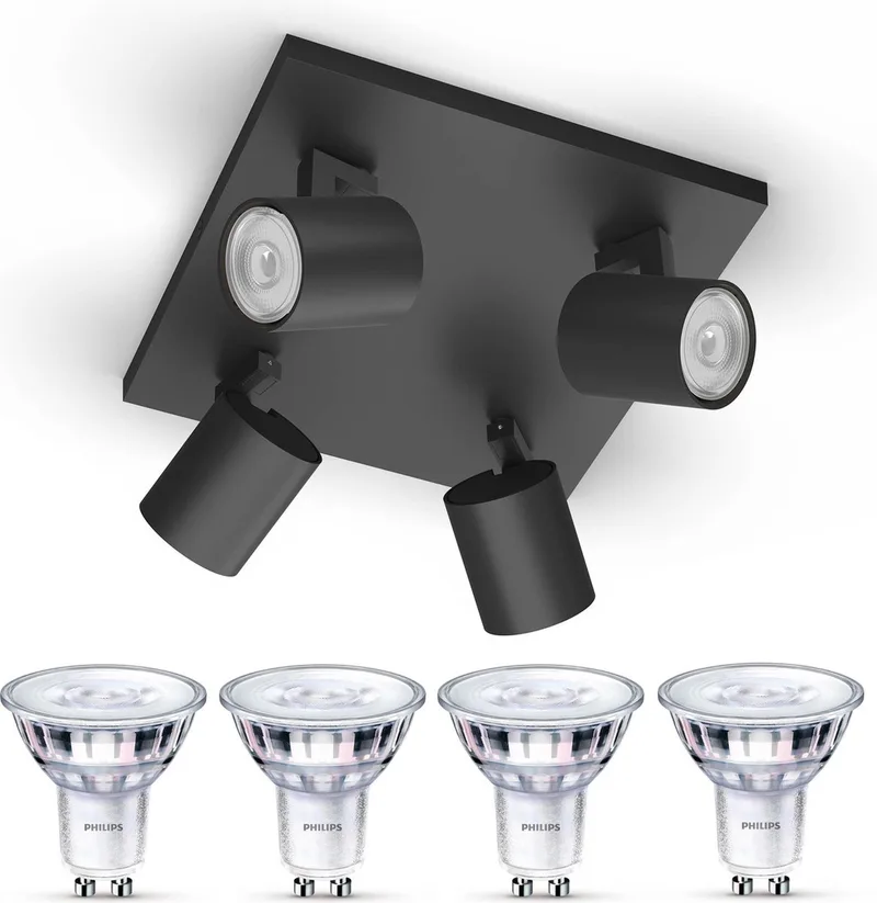 Runner Opbouwspot - Warmwit Licht - Plafondspot met 4 Lichtpunten - GU10 - SceneSwitch - Eenvoudig Dimbaar met Je Klassieke Schakelaar de Philips en Noir – photo produit