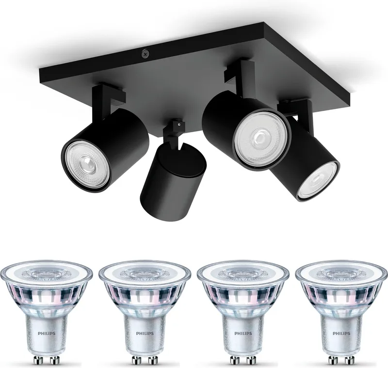 Runner Opbouwspot - Warmwit Licht - Plafondspot met 4 Lichtpunten - GU10 - Niet Dimbaar van Philips in Zwart – productfoto