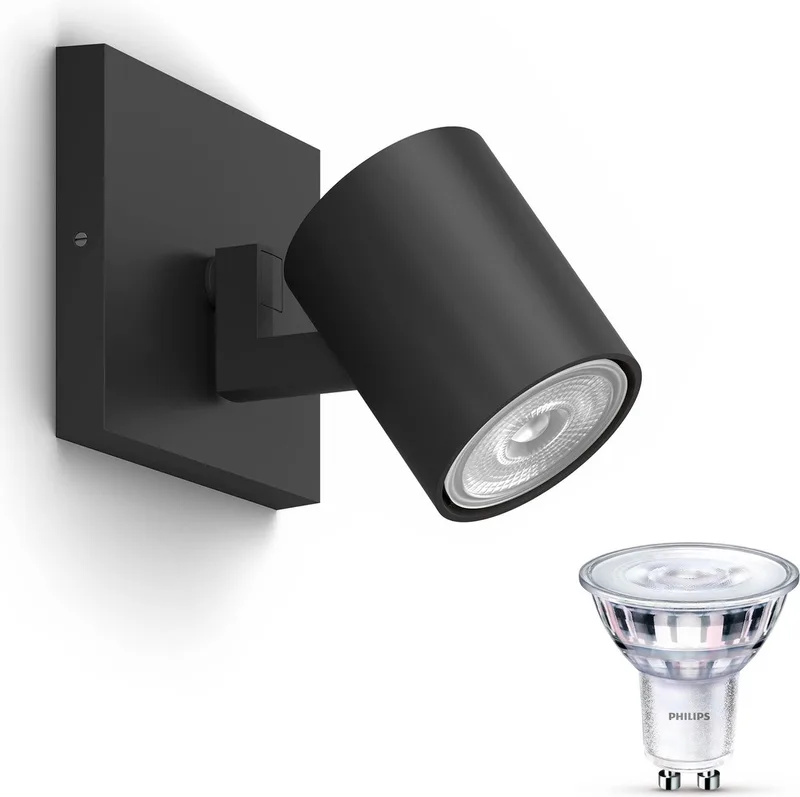 Runner Opbouwspot - Warmwit Licht - Wandspot of Plafondspot met 1 Lichtpunt - GU10 - SceneSwitch - Eenvoudig Dimbaar met Je Klassieke Schakelaar van Philips in Zwart – productfoto