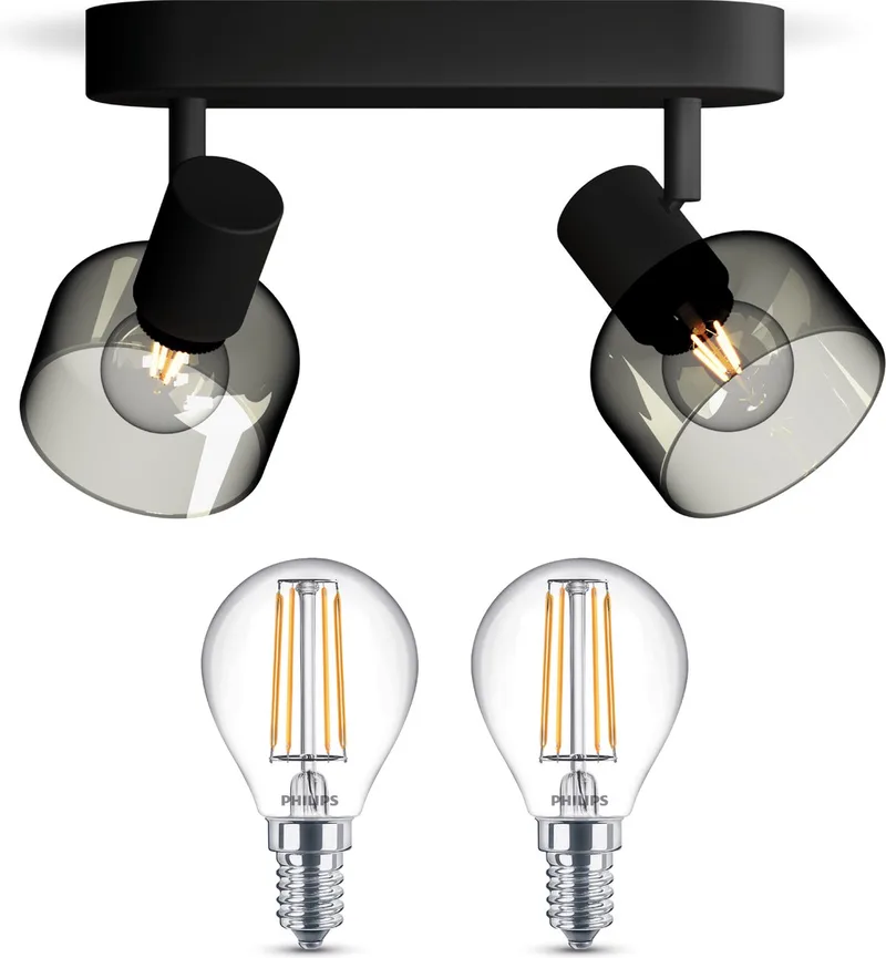 Sleet Opbouwspot - Warmwit Licht - Plafondspot met 2 Lichtpunten - E14 - Niet Dimbaar de Philips en Noir – photo produit