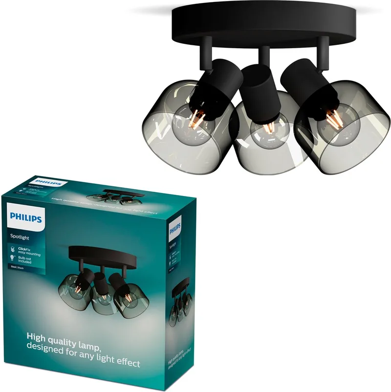 Sleet Spot - Plafondspot met drie lichtpunten - Met gerookt glas - Kleine fitting E14 - Ronde basisplaat de Philips en Noir – photo produit