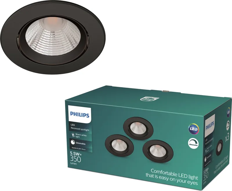 Sparkle Inbouwspot - Dimbaar met dimschakelaar - 5.5W - Warmwit licht - Multi-pack 3 stuks van Philips in Zwart – productfoto