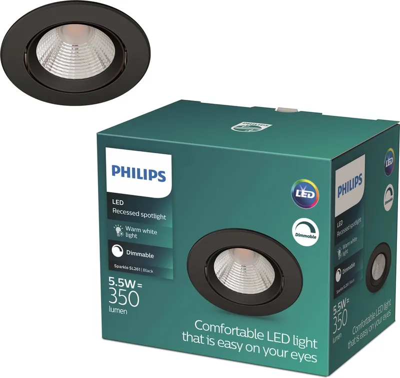 Sparkle Inbouwspot - Dimbaar met dimschakelaar - 5.5W - Warmwit licht fra Philips i Sort – produktbillede
