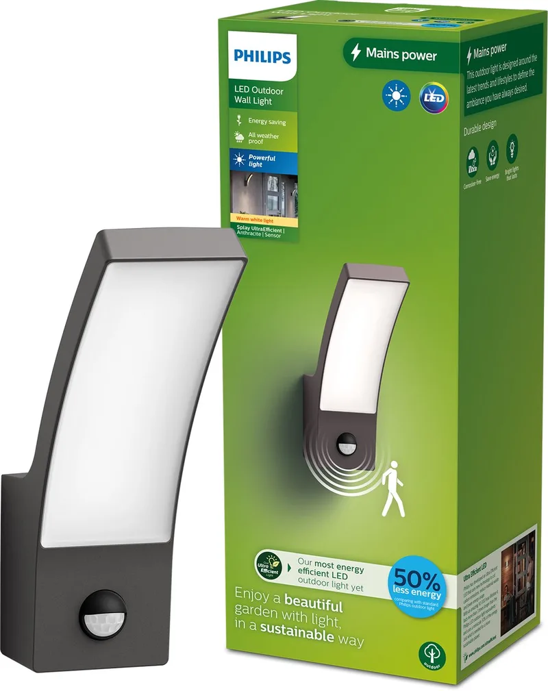 Splay wandlamp - Ultra Efficient - antraciet - met sensor - 3,8W van Philips in Antraciet – productfoto