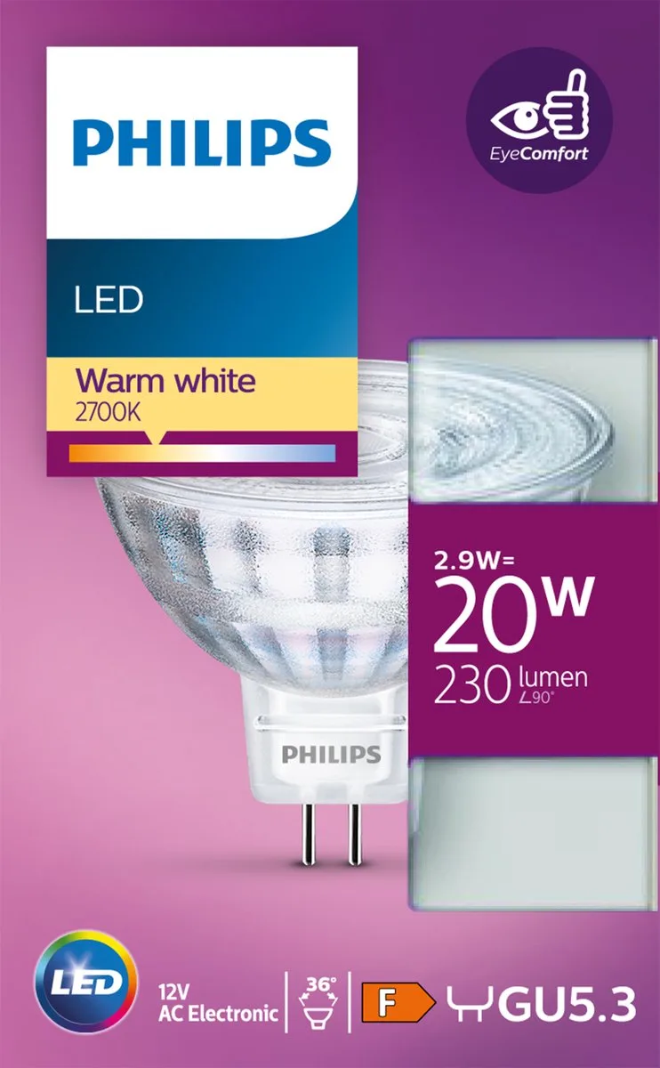 Spot - 20 W - GU5.3 - warmwit licht de Philips – photo produit
