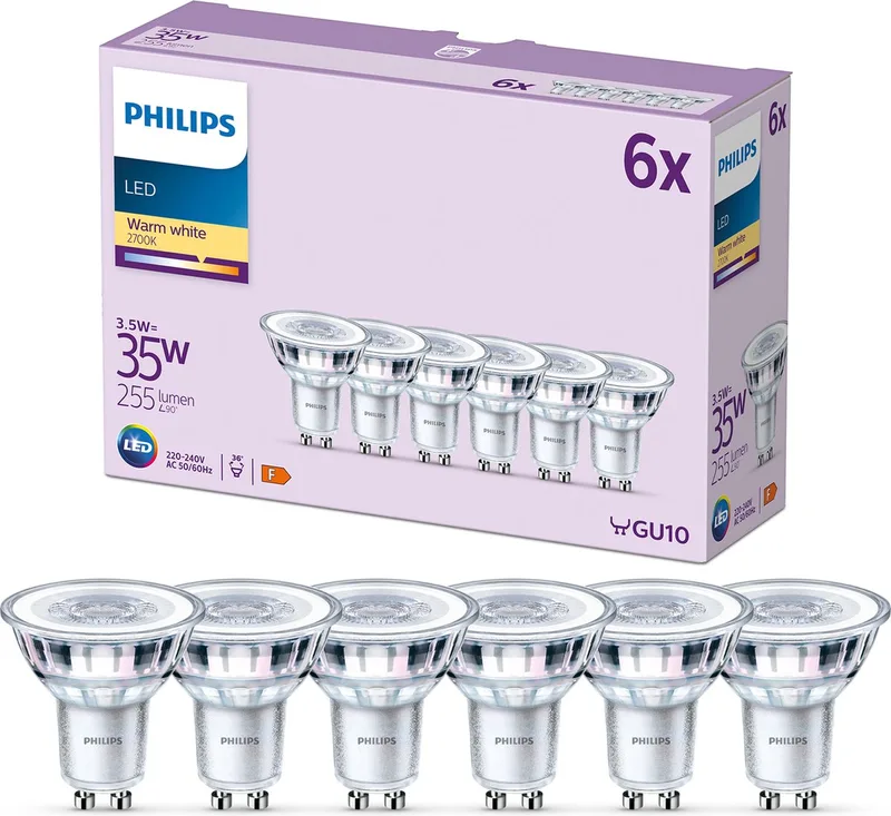 LED-pære GU10 3,5W 255lm 827 klar 36° 6stk fra Philips – produktbillede