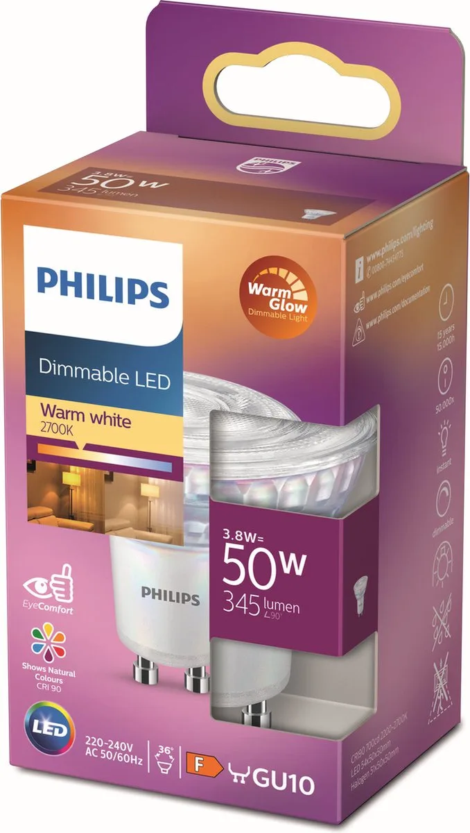 Spot - 50 W - GU10 - Dimbaar warmwit licht de Philips – photo produit