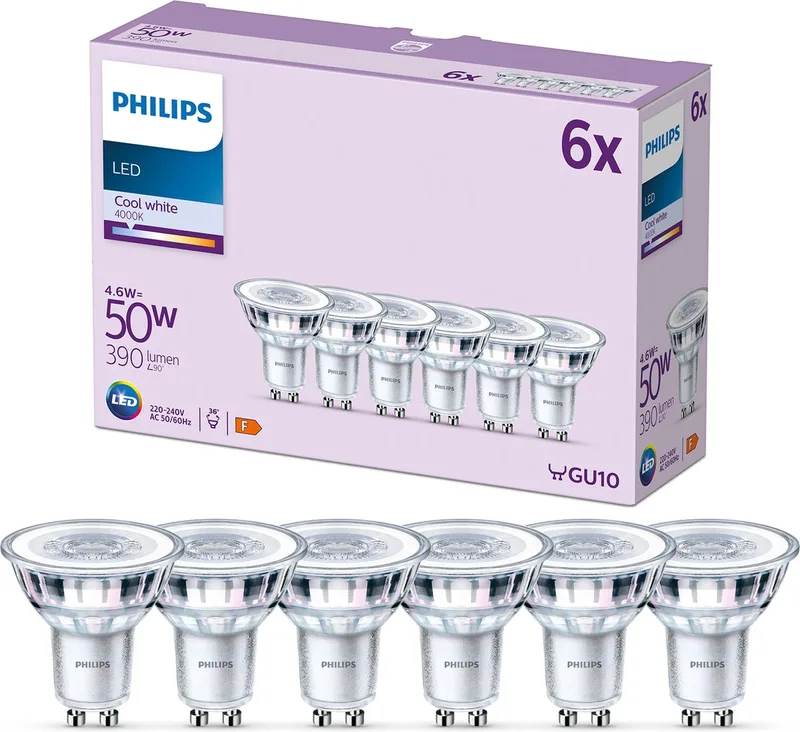 Spot, 50 W, GU10, lumière blanc froid, 6 pièces de Philips – photo produit