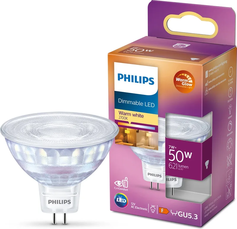 Spot, 50 W, GU5.3, lumière blanc chaud dimmable de Philips – photo produit