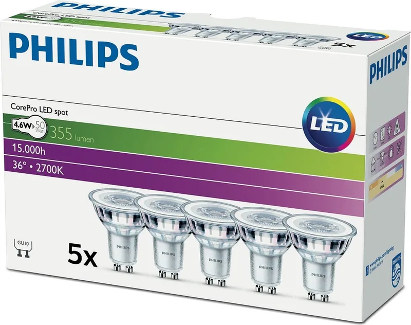 Spot GU10 - 4.6W (50W) - Warm Wit Licht - Niet Dimbaar - 5 stuks von Philips – Produktfoto