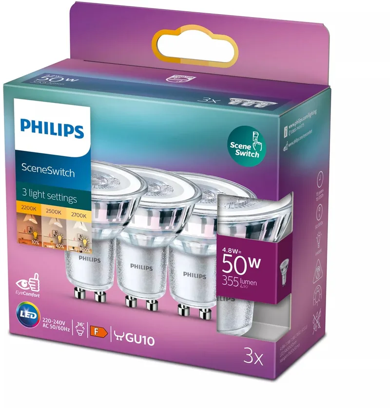 Spot SceneSwitch - 50 W - GU10 - warmwit licht - 3 stuks de Philips – photo produit