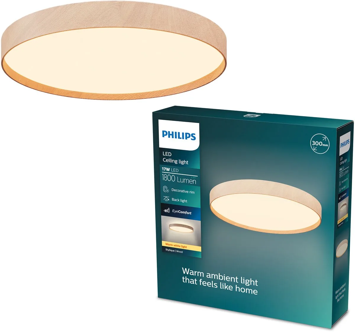 Stylique Plafondlamp - Warmwit licht: 2700K - Twee lichtzones - Houtlook - 17W - Diameter: 30cm - Rond de Philips en Wood colour – photo produit