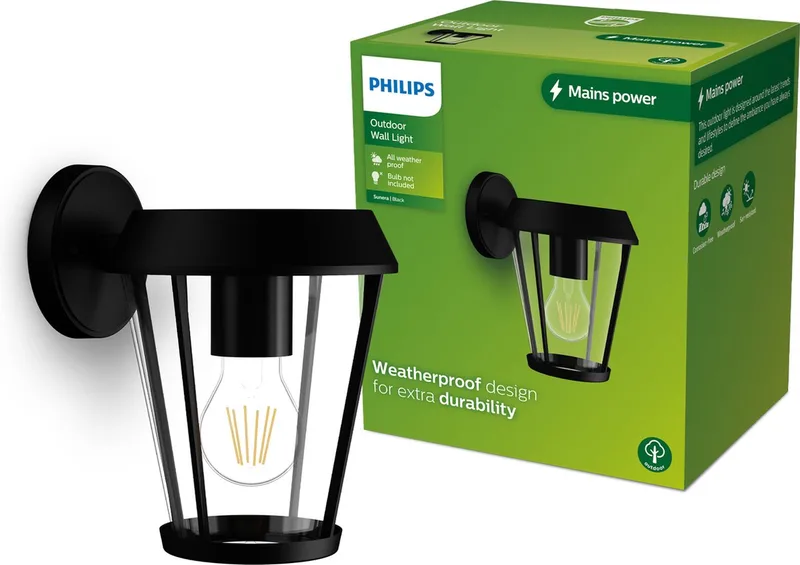 Sunera Wandlamp - Buitenlamp - E27 fitting - Maximaal 25W - Weerbestendig; IP44 - Hangende wandlamp by Philips in Black – product photo