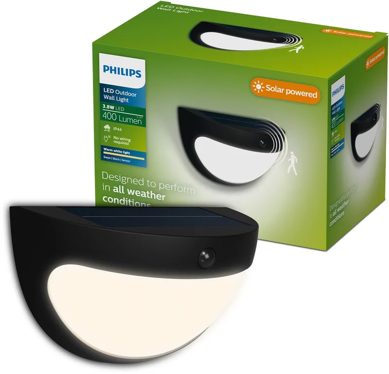 Swyn Solar wandlamp - Zonne-energie - Warmwit licht: 2700K - Twee lichtstanden - Schemersensor - Bewegingssensor - IP44: weerbestendig - Solar buitenverlichting från Philips i Svart – produktbild