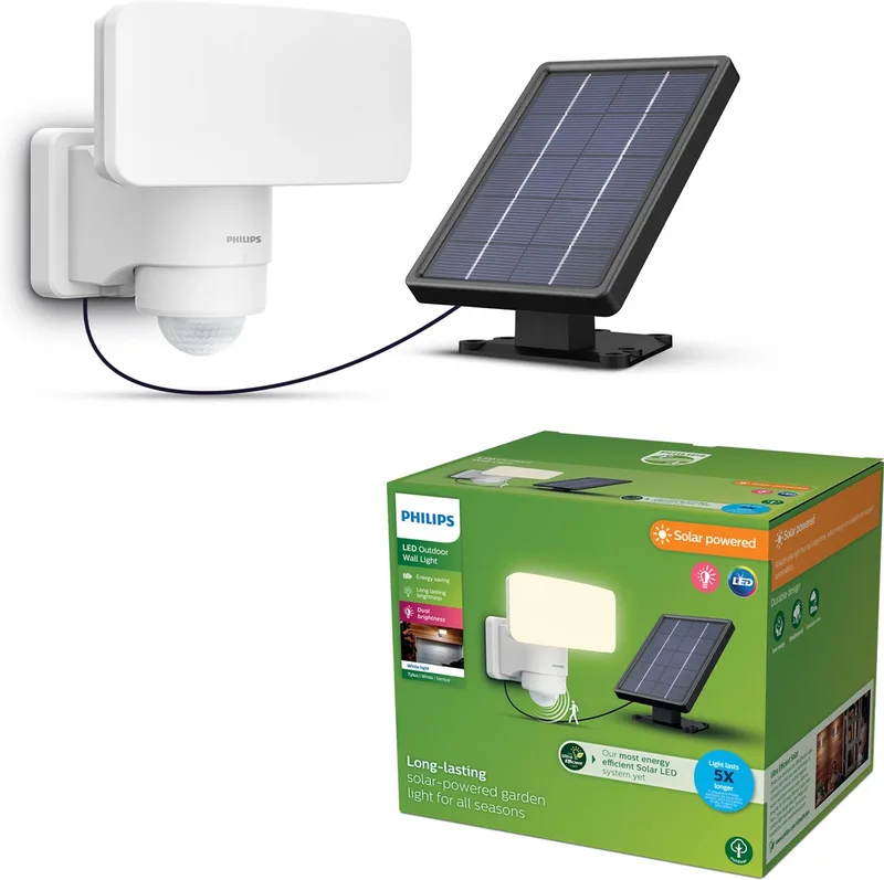 Tylus beveiligingslamp - UltraEfficient LED - Solar buitenlamp - Helder warm licht; 3000K - Wit - Bewegingssensor - Schemersensor - Zonne-energie fra Philips i Hvid – produktbillede