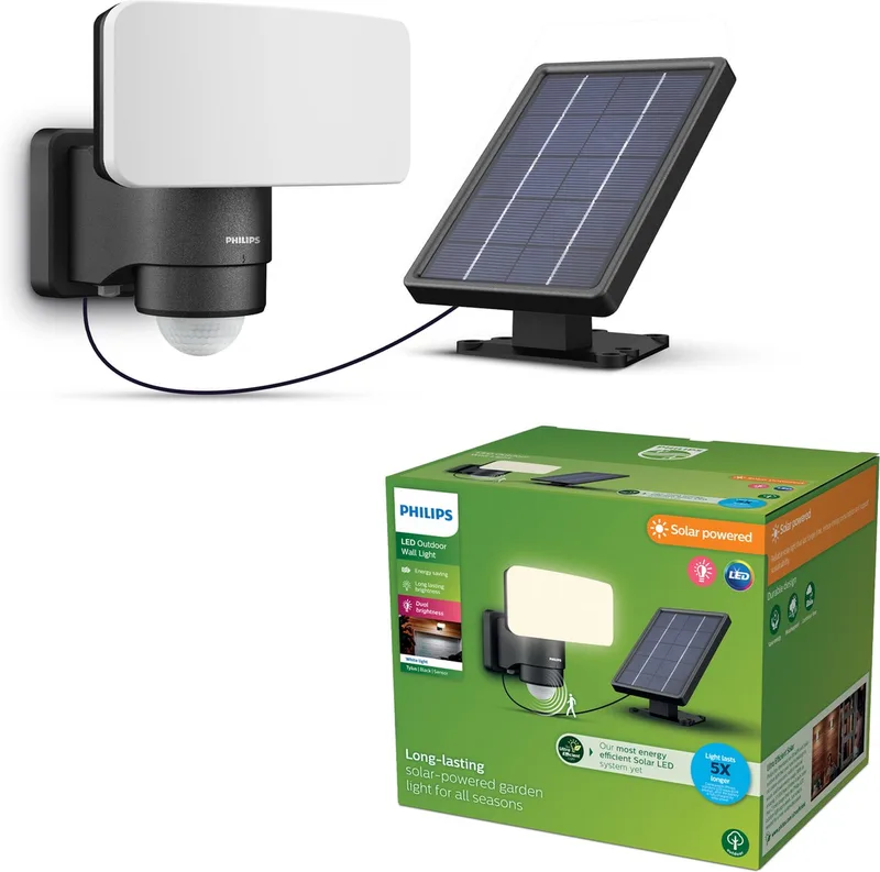 Tylus beveiligingslamp - UltraEfficient LED - Solar buitenlamp - Helder warm licht; 3000K - Bewegingssensor - Schemersensor - Zonne-energie by Philips in Black – product photo