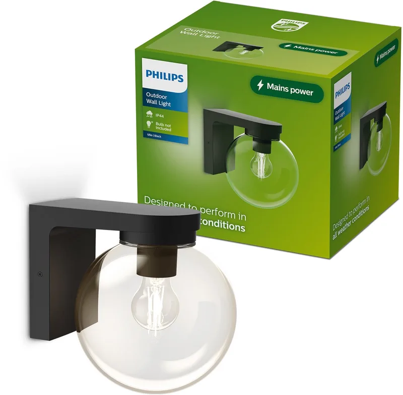 Ulio Wandlamp - Buitenverlichting - E27-fitting - Weerbestendig: IP44 - Hoogwaardig Aluminium en Glas - Modern design de Philips en Noir – photo produit