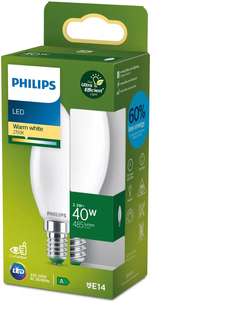 Ultra Efficient LED - Kaarslamp - Mat - 40W - E14 fitting - Dimbaar warmwit licht - Energielabel A de Philips – photo produit