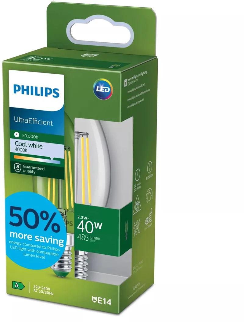 Ultra Efficient LED kaarslamp Transparant - 40 W - E14 - Koelwit licht - Energielabel A från Philips – produktbild