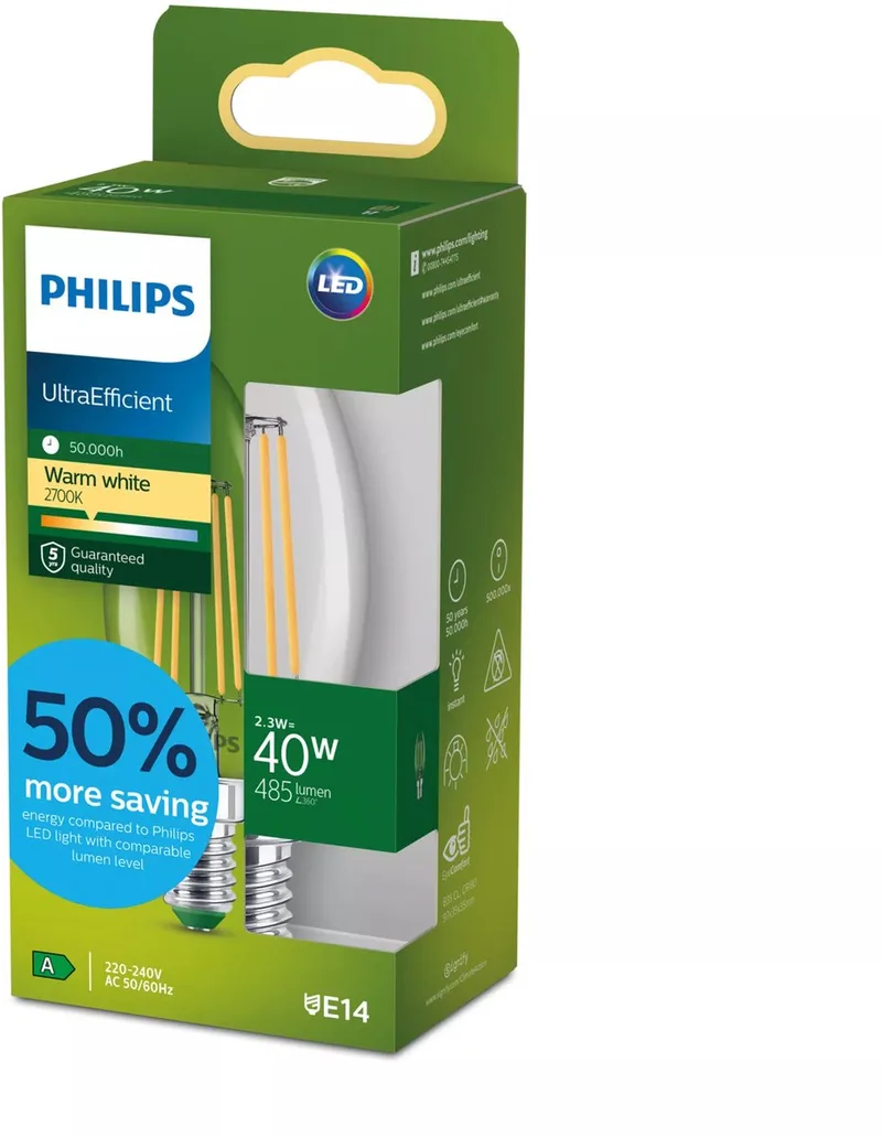 Ultra Efficient LED kaarslamp Transparant - 40 W - E14 - Warmwit licht - Energielabel A fra Philips – produktbillede