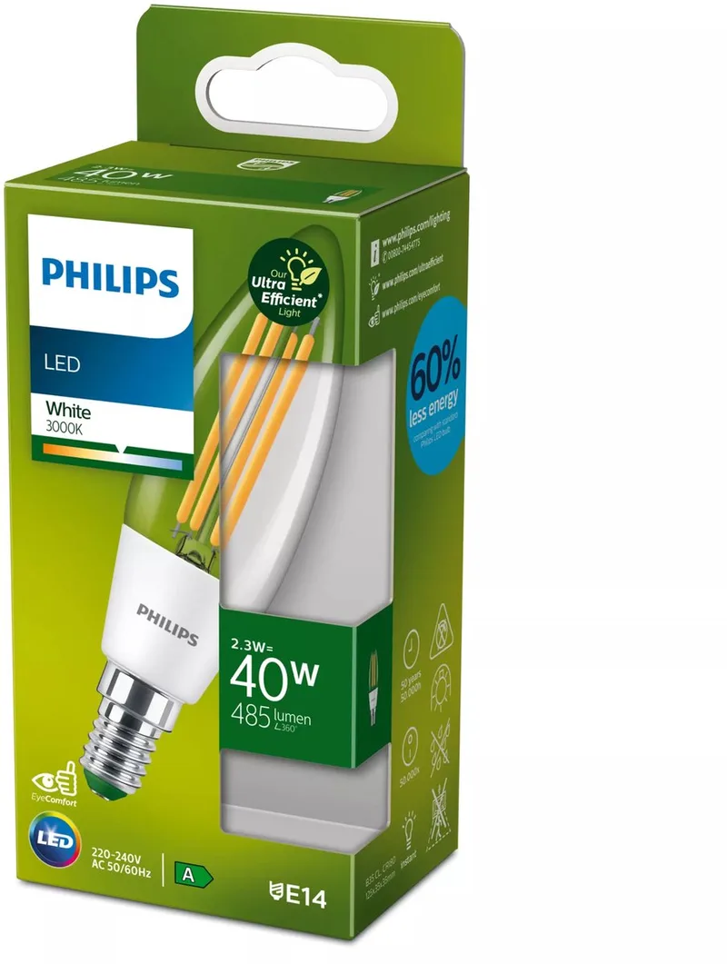 Ultra Efficient LED kaarslamp Transparant - 40 W - E14 - Wit licht de Philips – photo produit