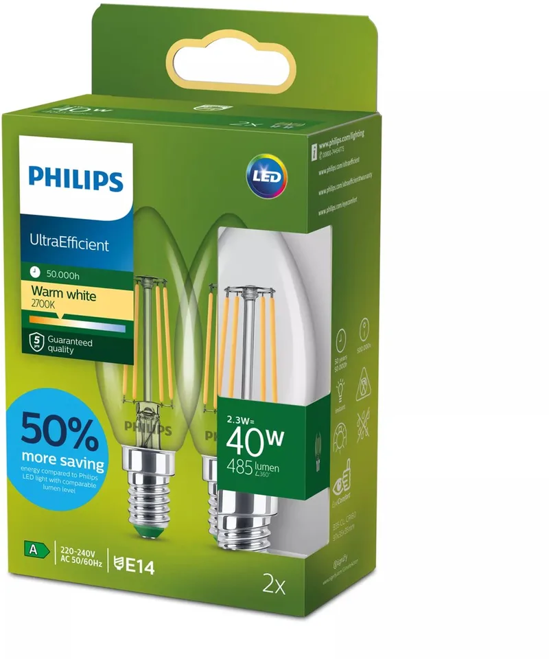 Ultra Efficient LED kaarslamp Transparant - 40 W - E27 - Warmwit licht de Philips – photo produit
