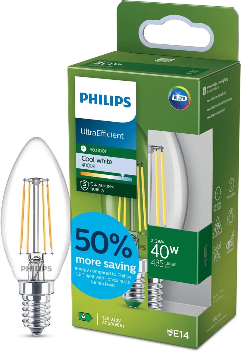 Ultra Efficient LED - Kogellamp - Mat - 40W - E14 fitting - warmwit licht - Energielabel A van Philips – productfoto