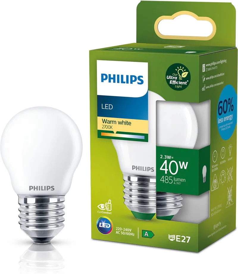 Ultra Efficient LED - Kogellamp - Mat - 40W - E27 fitting - Warmwit licht - Energielabel A de Philips – photo produit