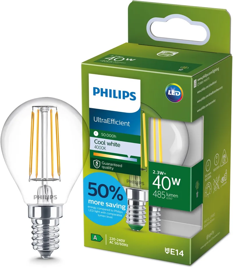 Ultra Efficient LED kogellamp Transparant - 40 W - E14 - Koelwit licht - Energielabel A de Philips – photo produit