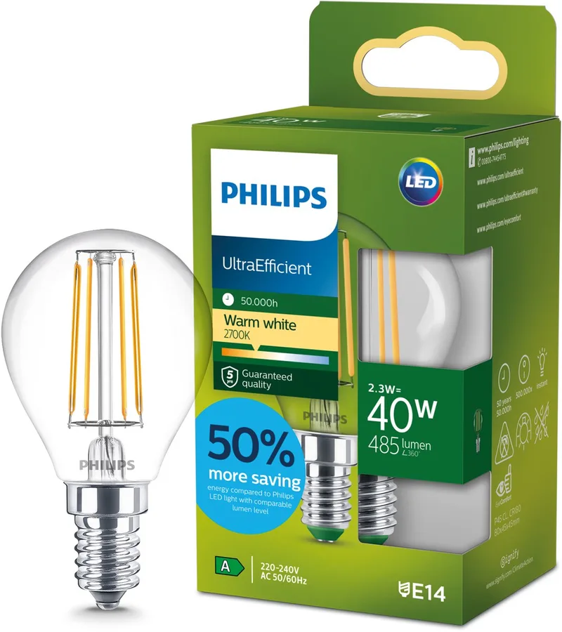 Ultra Efficient LED kogellamp Transparant - 40 W - E14 - Warmwit licht - Energielabel A de Philips – photo produit