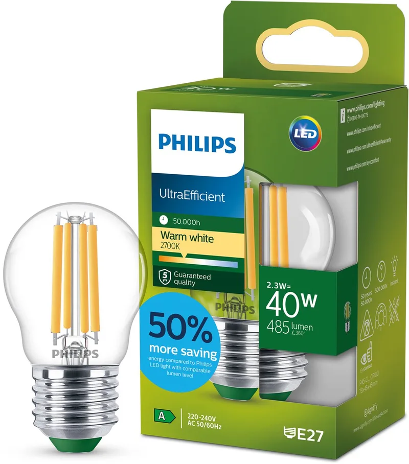 E27 LED-pære G45 2,3 W 485lm 2.700 K klar fra Philips – produktbillede
