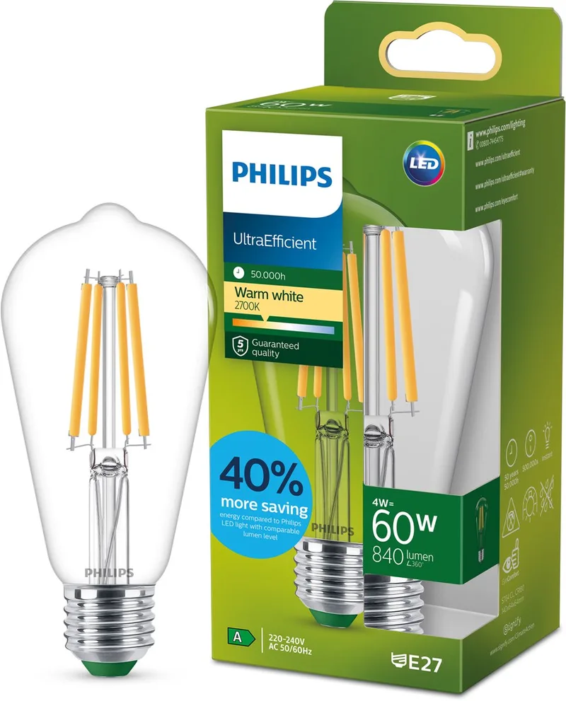 E27 LED-pære ST64 4 W 840lm 2.700 K klar fra Philips – produktbillede