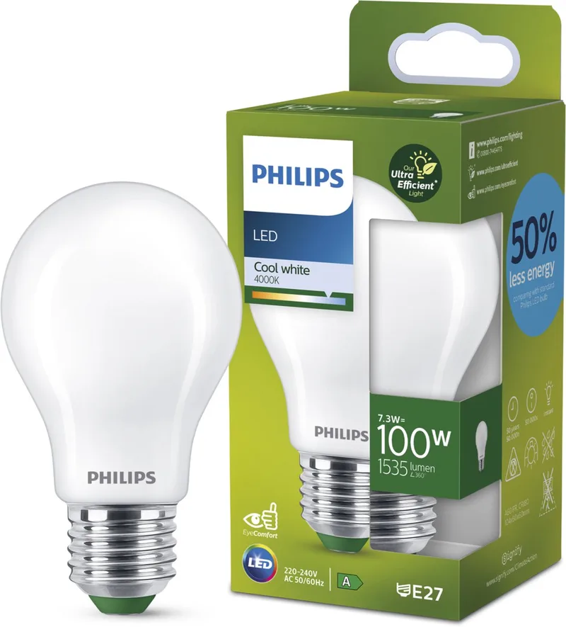 E27 LED-pære A60 7,3W 1535lm 4.000K mat fra Philips – produktbillede