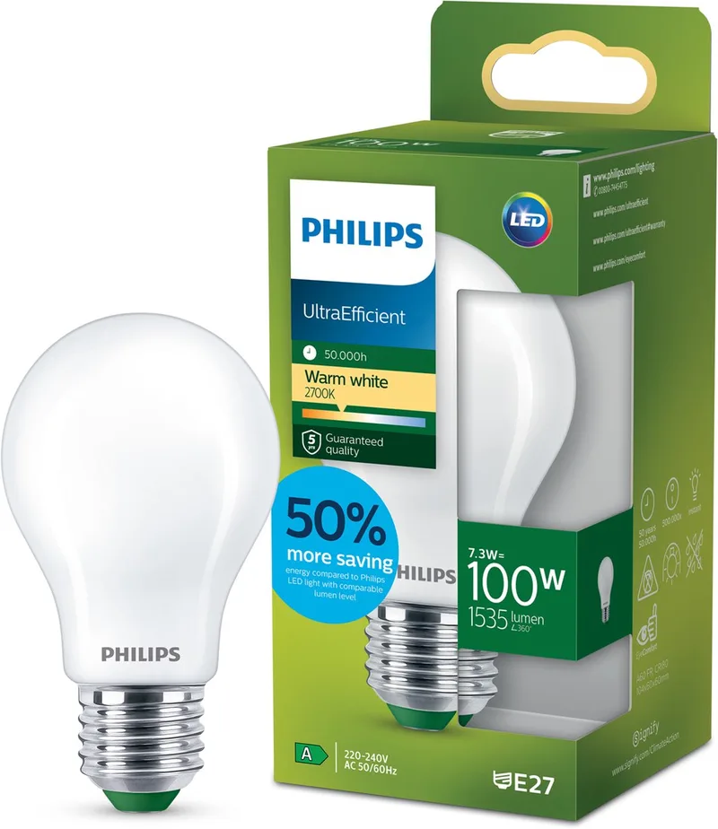 E27 LED-lampa A60 7,3W 1535lm 2 700K matt från Philips – produktbild