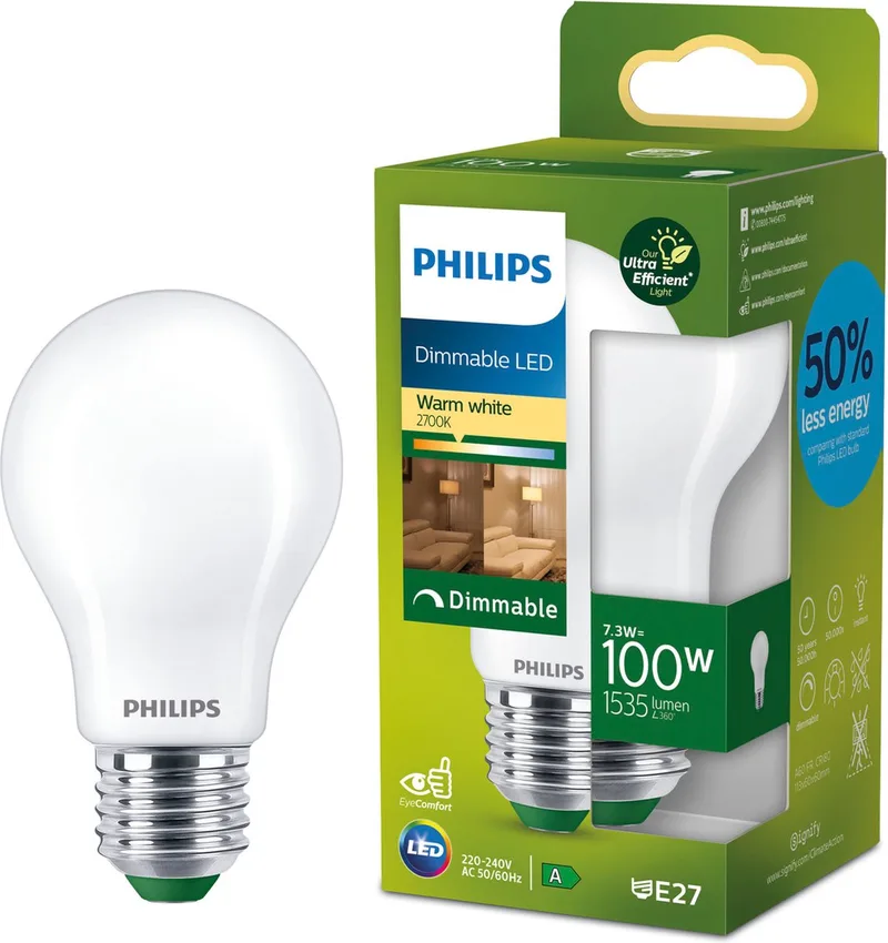Ultra Efficient LED lamp - Mat - 100W - E27 fitting - Dimbaar warmwit licht - Energielabel A de Philips – photo produit