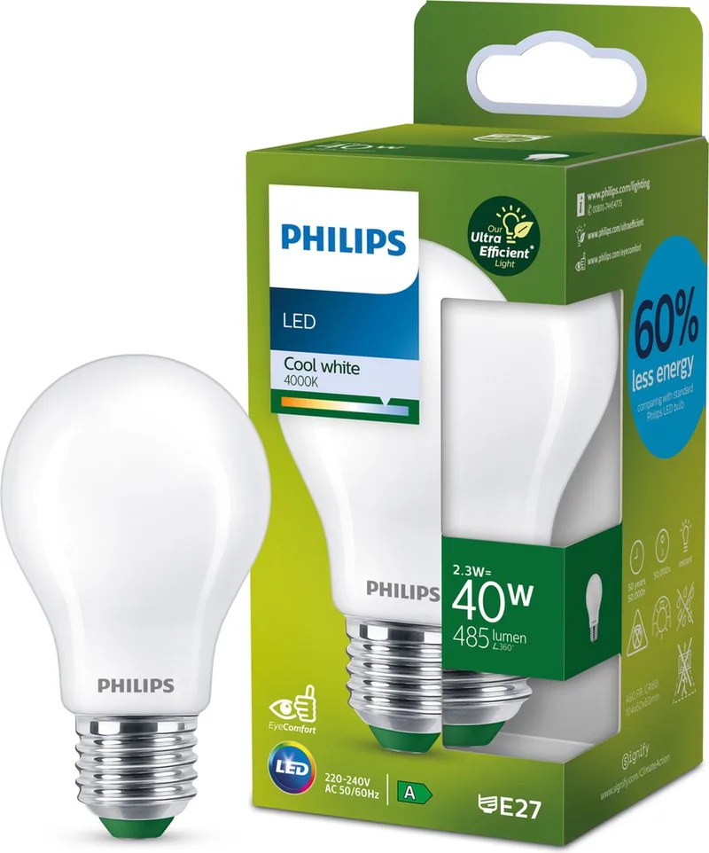 E27 LED-pære A60 2,3 W 485lm 4.000 K mat fra Philips – produktbillede