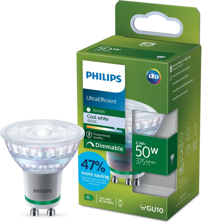 Ultra Efficient LED lamp Mat - 60 W - E27 - Dimbaar warmwit licht - Energielabel A by Philips – product photo