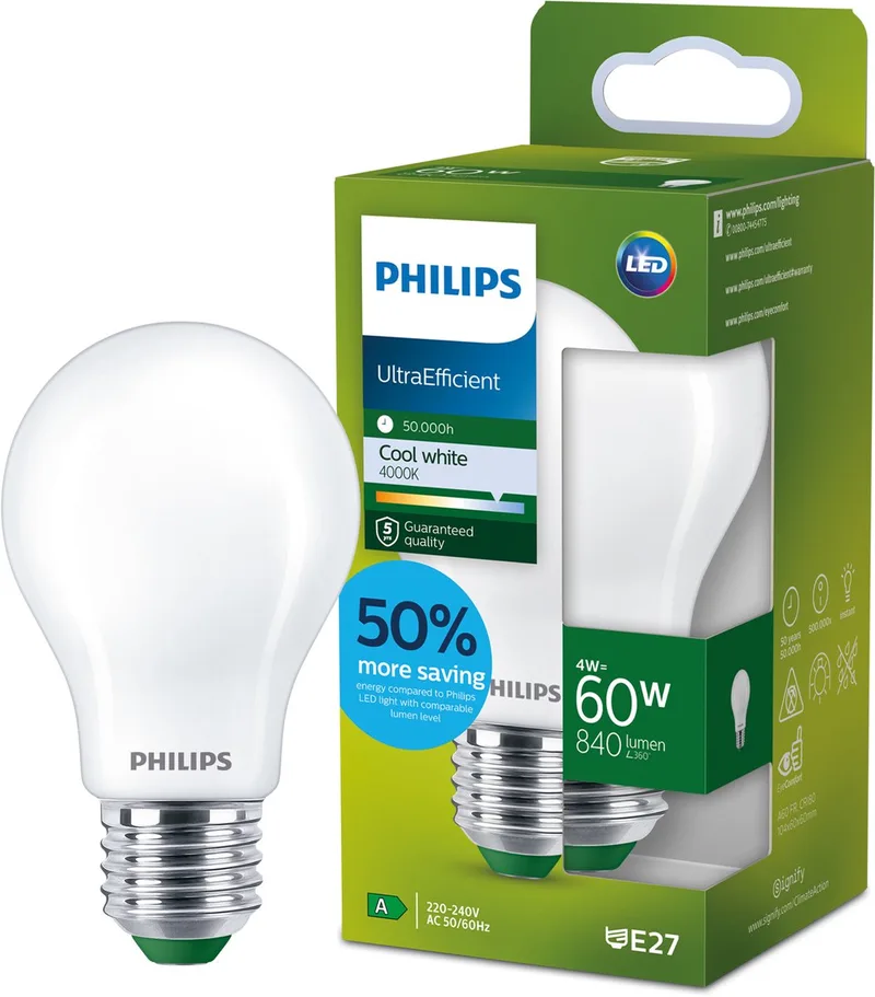 Ultra Efficient LED lamp Mat - 60 W - E27 - Koelwit licht van Philips – productfoto