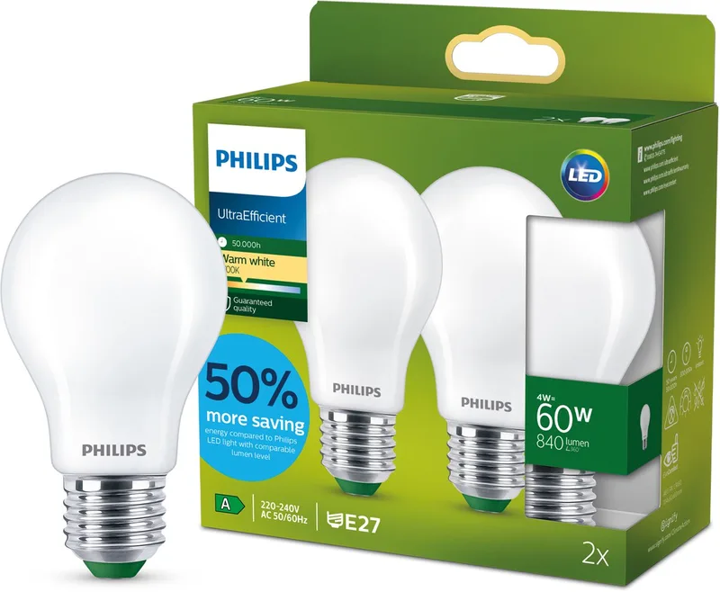 Ultra Efficient LED lamp Mat - 60 W - E27 - Warmwit licht - 2-pack - Bespaar op energiekosten de Philips – photo produit