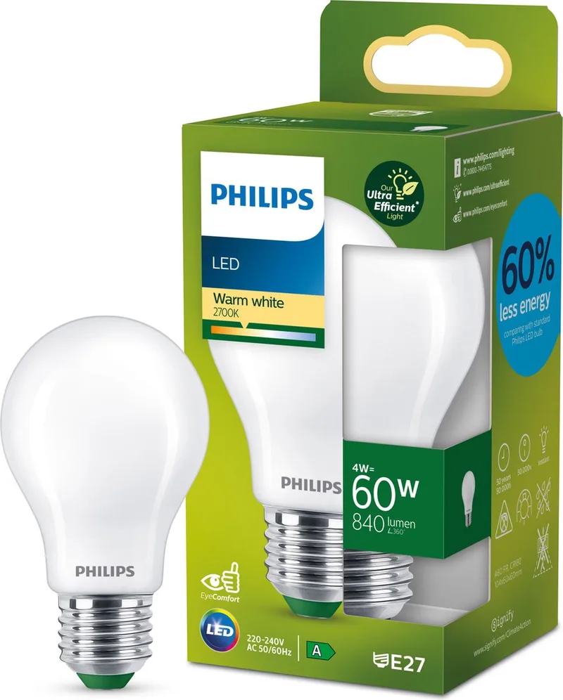 E27 LED-pære A60 4 W 840lm 2.700 K mat fra Philips – produktbillede