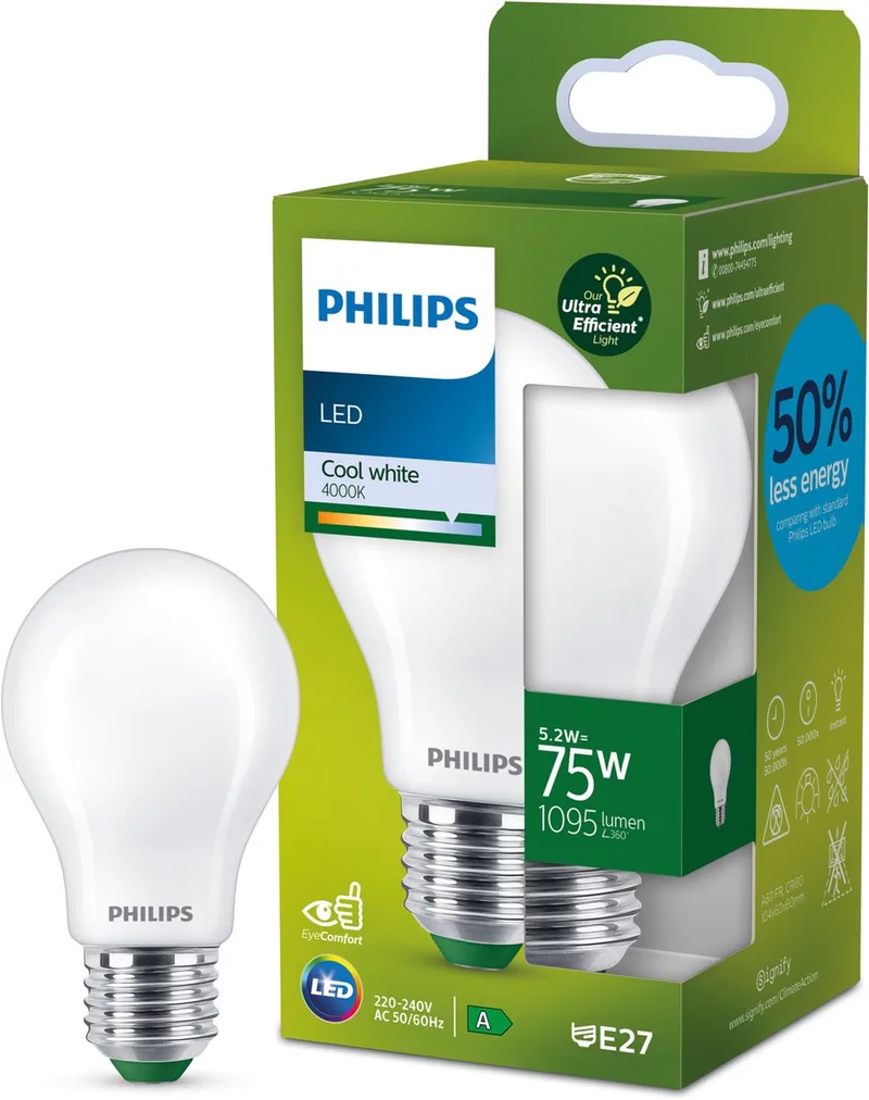 E27 LED-pære A60 5,2 W 1095lm 4.000 K mat fra Philips – produktbillede
